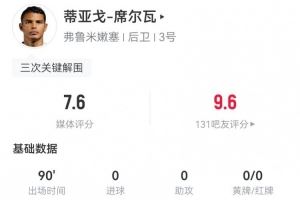 40岁弟媳本场6解围2封堵+1门线解围 5长传5成功 7.6分全队最高